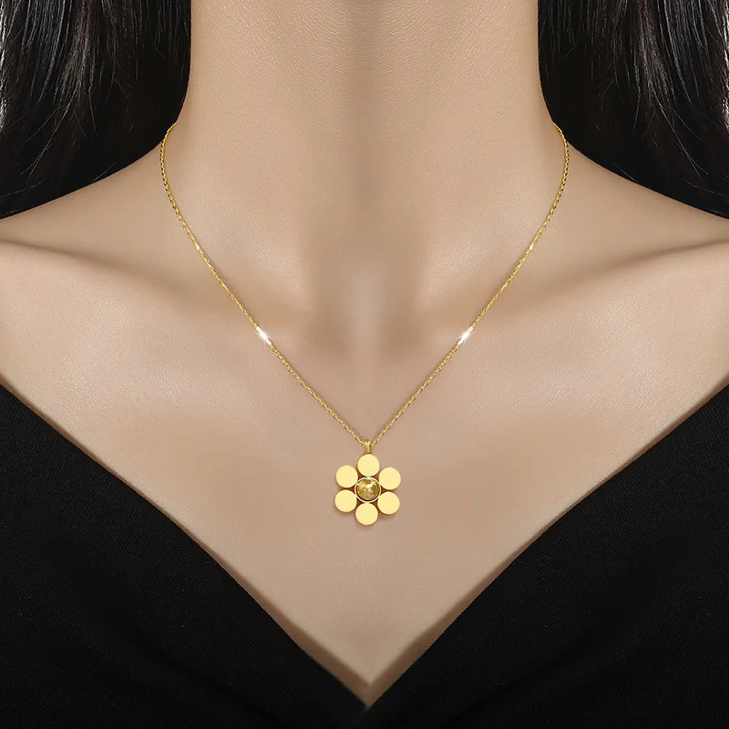 LUCKY99 Trendy Stainless Steel Round Flower Pendant Necklaces For Women Minimalism Necklace Choker Jewelry Accessory Party Gift