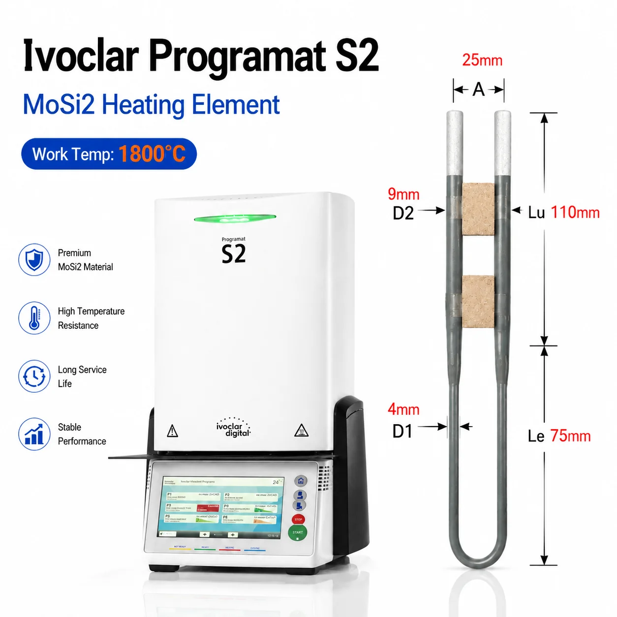 Ivoclar Programat S2 MoSi2 Heizelemente Widerstandsersatz 1800°C für Dentallabor Ivoclar Zirkonoxid-Sinterofen
