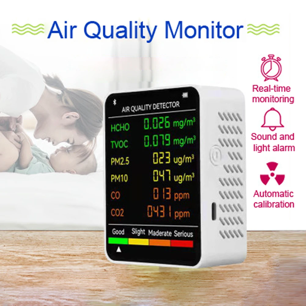 6 In 1 Air Quality Monitor CO2 Meter PM2.5 PM10 HCHO TVOC CO Formaldehyde Detector LCD Display Gas Detector CO2 Sensor Analyzer