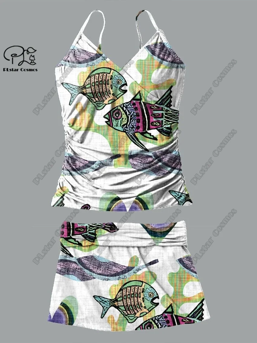 Scollo a v da donna estate piccola fresca stampa floreale pesce bretella gonna stile due pezzi costume da bagno vacanza nuovo costume da bagno Y-4