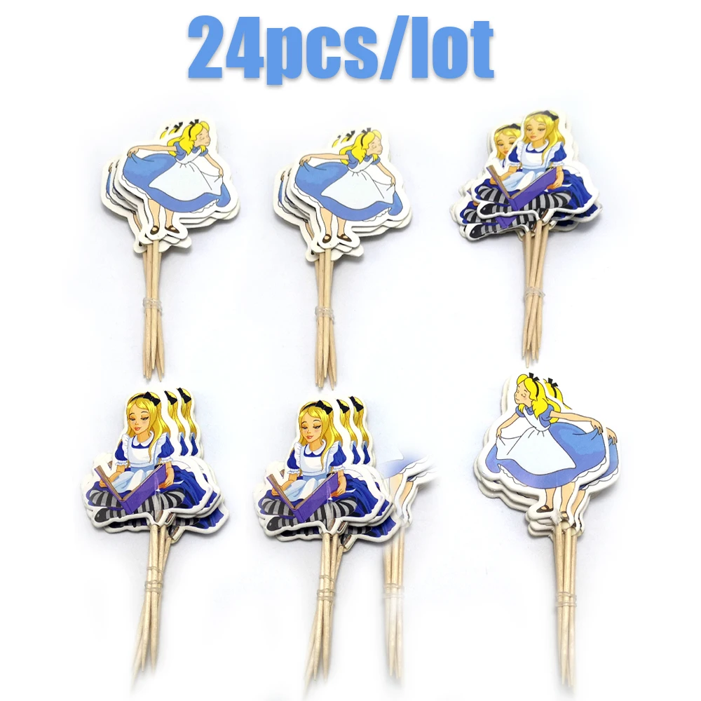 24pcs/lot Alice in Wonderland Theme Cake Toppers Happy Birthday Events Party Decorations Baby Shower Cupcake Picks