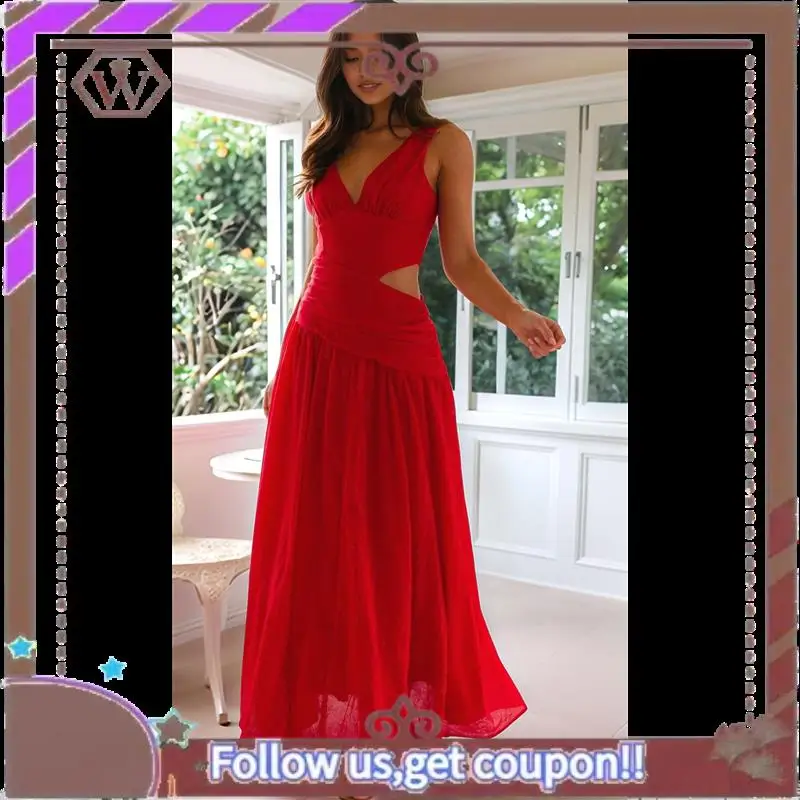 A95D-レディースロングドロップウエストルーシュサマードレス、流れるようなVネックカットアウトプリーツレディースドレス