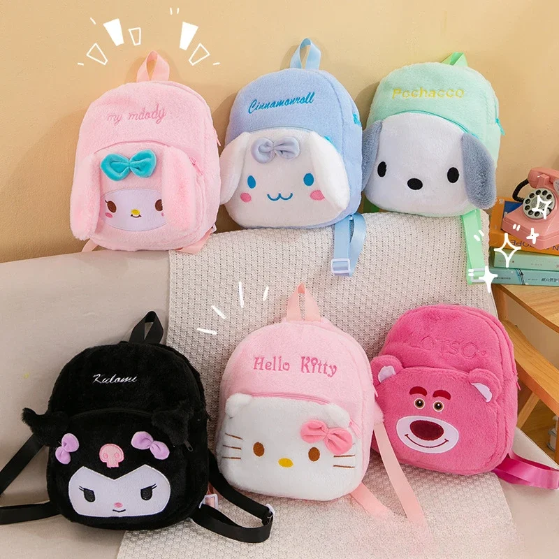 Sanrio Cartoon Plush School Bag Hello Kitty Kuromi Cinnamoroll Melody Outdoor Portable Travel Student Backpack Cosmetic Bag Gift