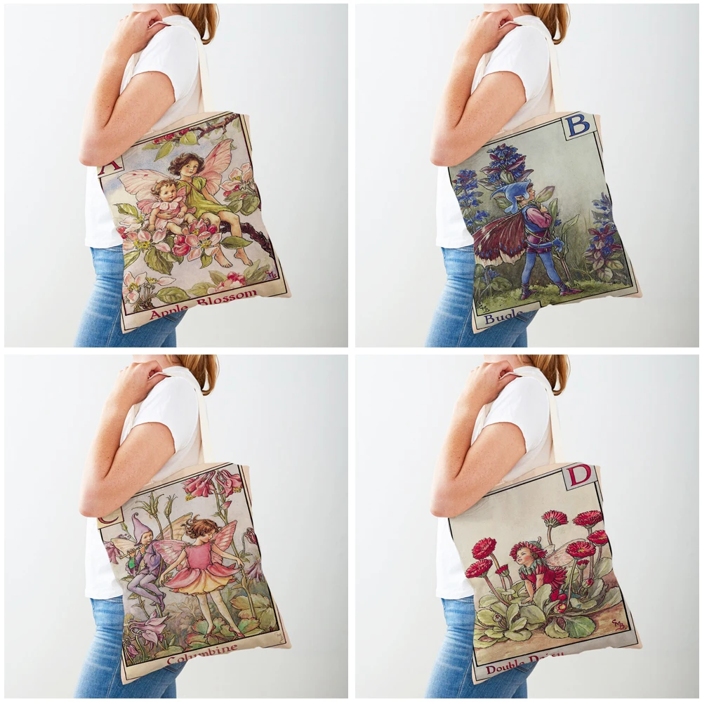 Bolsa de lona floral vintage para meninas, bolsa de ombro casual para mulheres, elfo, conto de fadas, crianças, compras, flor