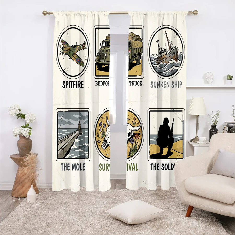 2PCS Curtains, Vintage Six-grid Badge Style Dunkirk Military Print With Spitfire Fighter Plane, Bedford Military Truck, Sunken S