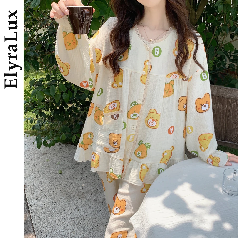 

ElyraLux женская хлопковая пижама из крепа с пузырьками, одежда для сна на зиму и осень, милый кардиган с длинными рукавами и принтом медведя, домашняя одежда