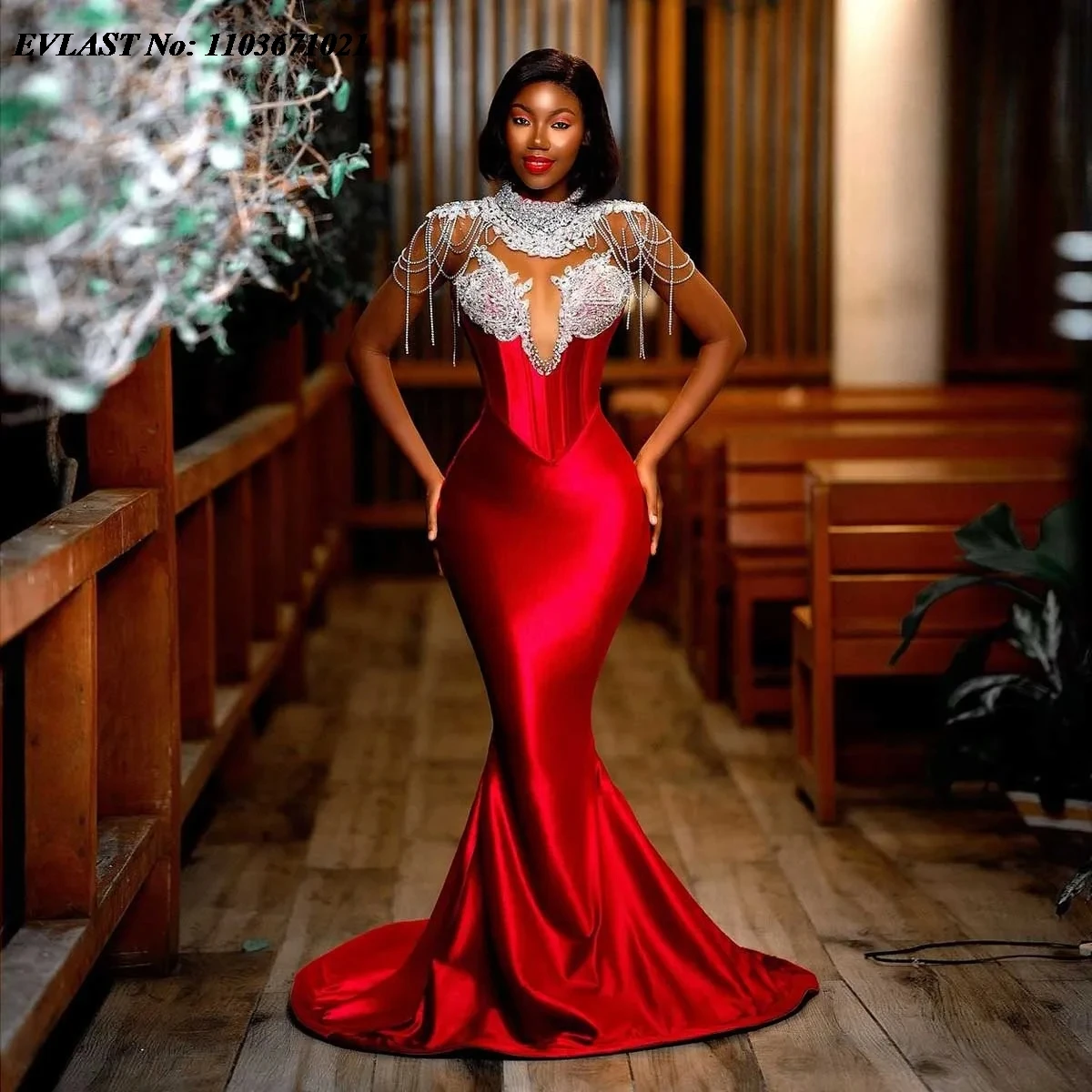 Evlast wunderschöne dunkelrot aso ebi Ballkleid Luxus Perlen Quaste Meerjungfrau Hochzeits empfang Kleid afrikanischen Abend Party kleid p135