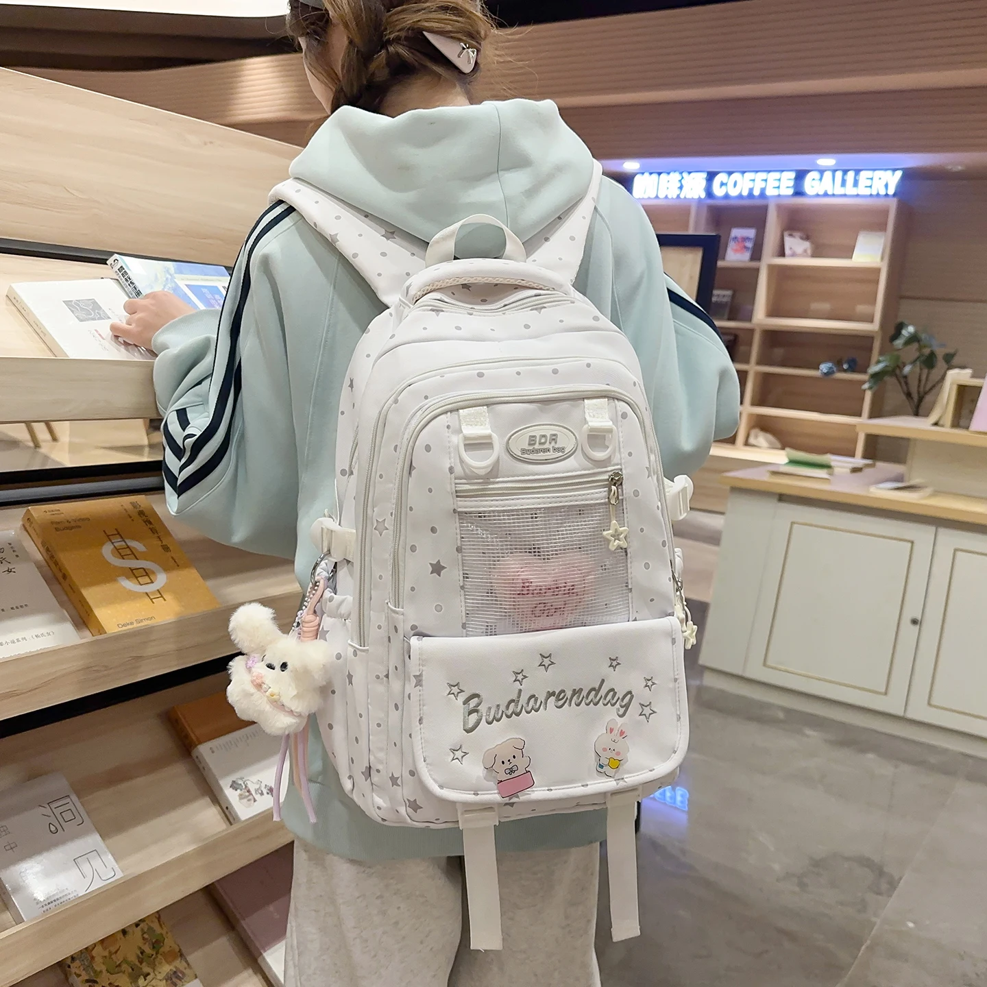 Women's Polka Dot Star Print Canvas Backpack Clear Display Pocket Plush Charm Adjustable Strap Casual Daily School Bag 2026