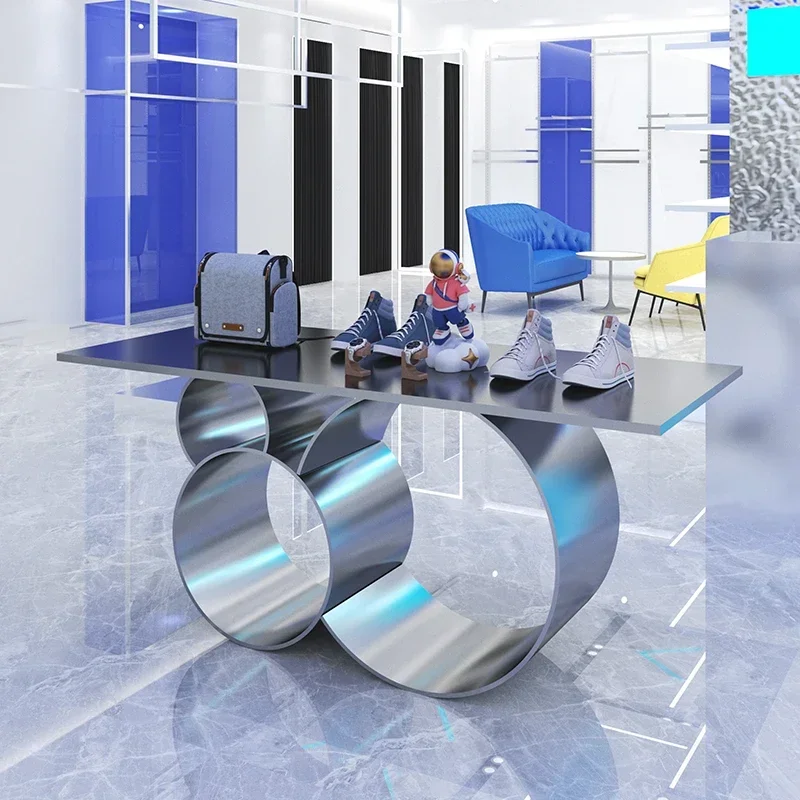 Stainless steel brushed display table Shopping mall women's clothing store display table Shoe and bag display table