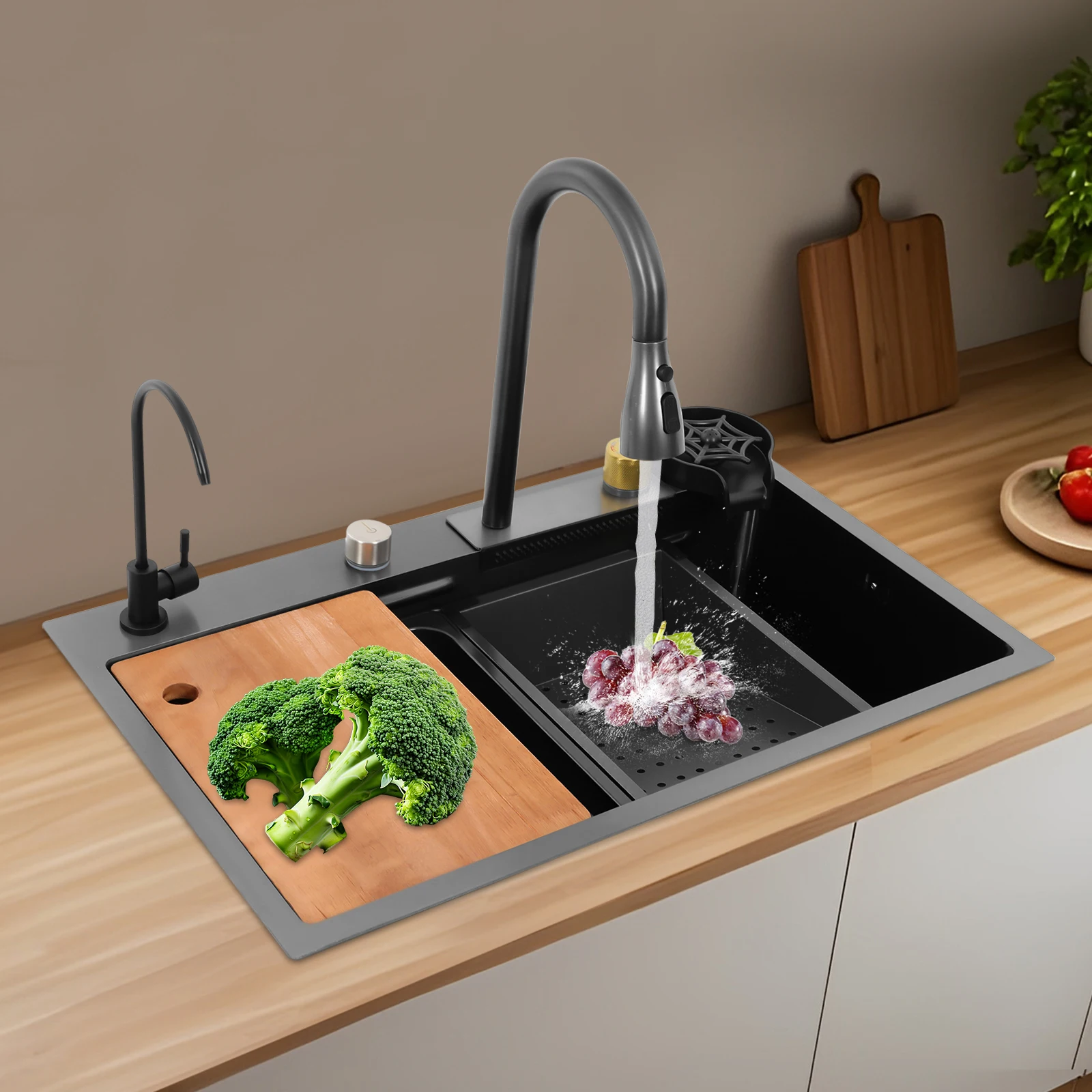 Küchenspüle aus Edelstahl, pistergrau, rechteckiges Haushaltsspülbecken-Set mit Drainagekorb, 2-Wasserhähne, Schneidebrett, Tassenwascher – Detail 3