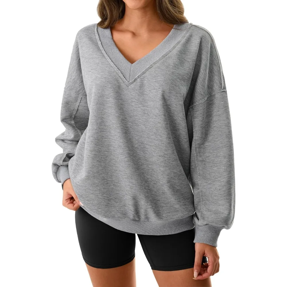 

Womens V Neck Oversized Sweatshirts Casual Drop Shoulder Long Sleeve Pullover Tops