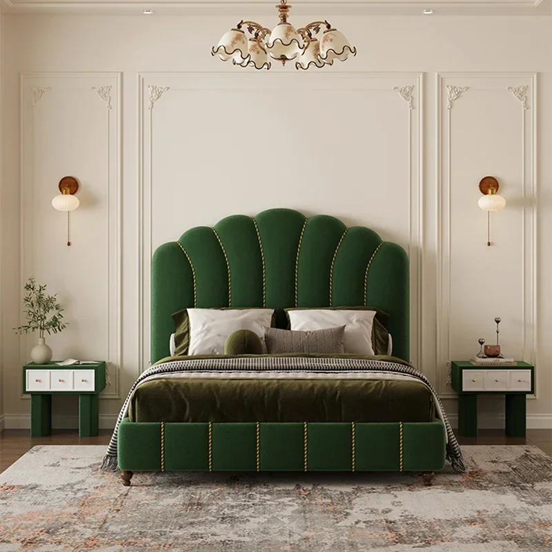 Luxury French Style Double Bed Elegant Pretty Velvet High Headboards Bed