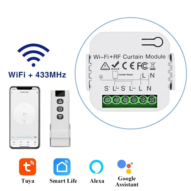 สวิตช์ม่านม้วนเชื่อมต่อ WiFi โมดูลม่านอัจฉริยะ Tuya มอเตอร์ผ้าม่าน433MHz รีโมทคอนโทรลสำหรับ Alexa Google Home