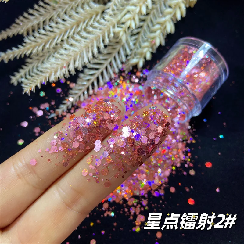 Purpurina holográfica para uñas, copos de Arte de Color láser, tamaño mixto, hexagonal, grueso, iridiscente, accesorios de bricolaje, decoración de manicura de esmalte