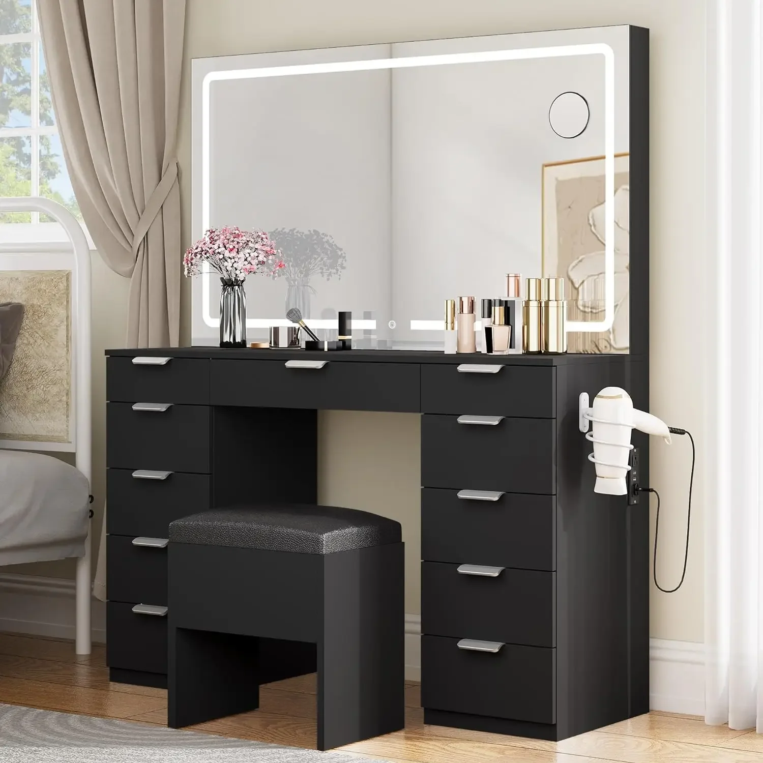 Makeup Vanity Set with Large LED Lighted Mirror & Power Outlet, Vanity Desk with 11 Drawers and Magnifying Glass NEW USA