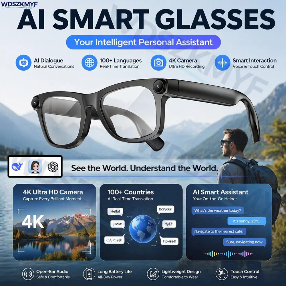 

2026 New 800W HD Pixel Smart Glasses Men Anti-shake 4K Camera AI Language Translation Video Recording Music Call Sunglasses