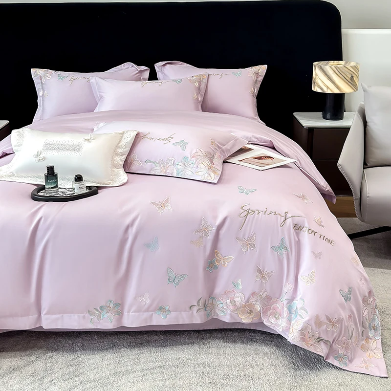 Svetanya Butterfly Flowers Embroidery Underwear Egyptian Cotton Bedding Set 4pcs Sheet Duvet Cover Pillowcase Linens