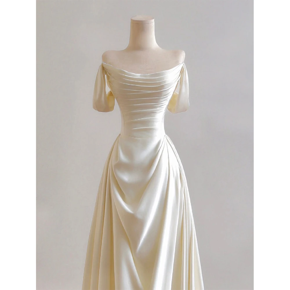 Ivory Satin Off Shoulder Bridesmaid Dress Pleated Bodice Draped A Line Floor Length Wedding Guest Evening Formal Gown