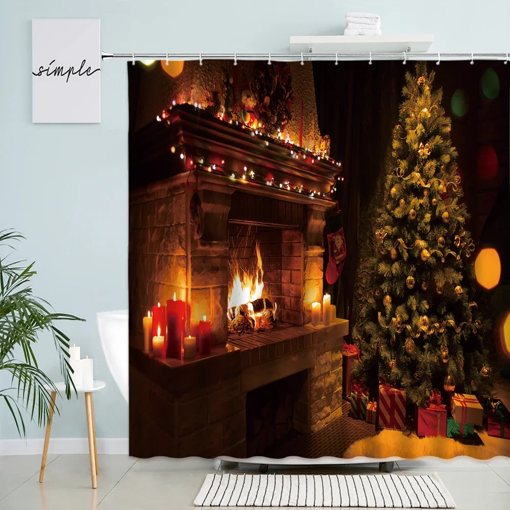 

Занавеска для душа с Рождеством, рождественская елка, камин, праздничные подарки, интерьер, старый декор, водонепроницаемые шторы для ванной комнаты с набором крючков