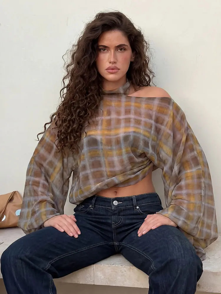 

HH Oversized Plaid Off Shoulder Top with Neck Tie Flowy Airy Batwing Sleeve Blouse for Vacation Beach Trips and Casual Outings