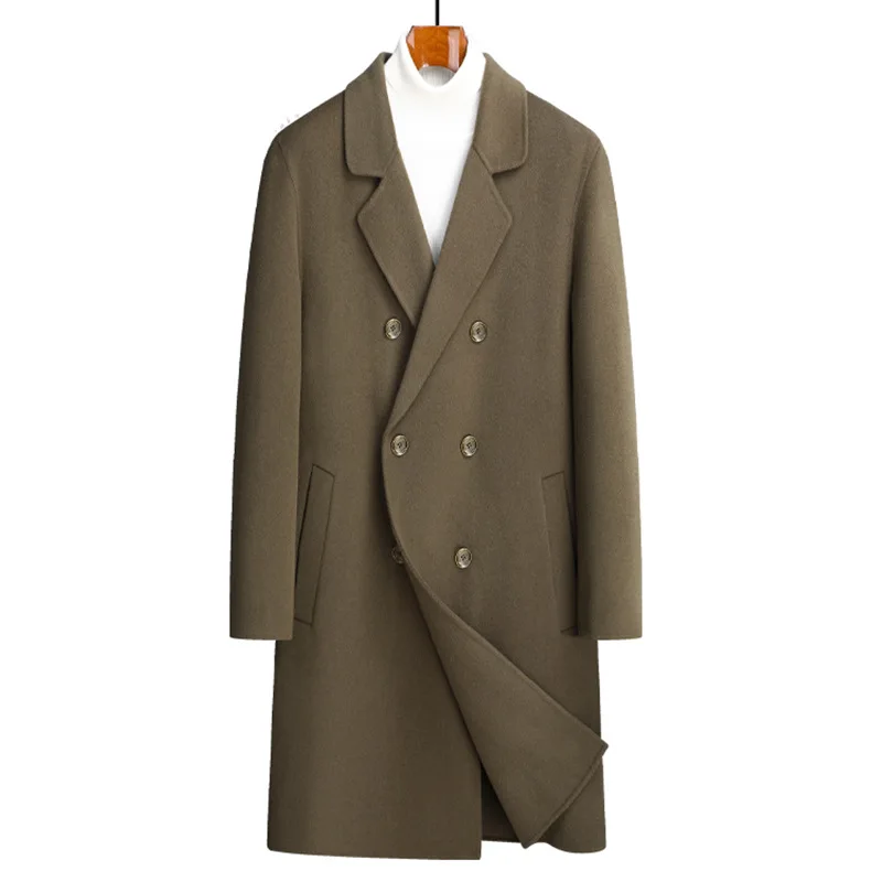 

100% Wool Coat Men's Long Double-sided Woolen Double Breasted Solid Color Light Luxury All Cashmere Jacket