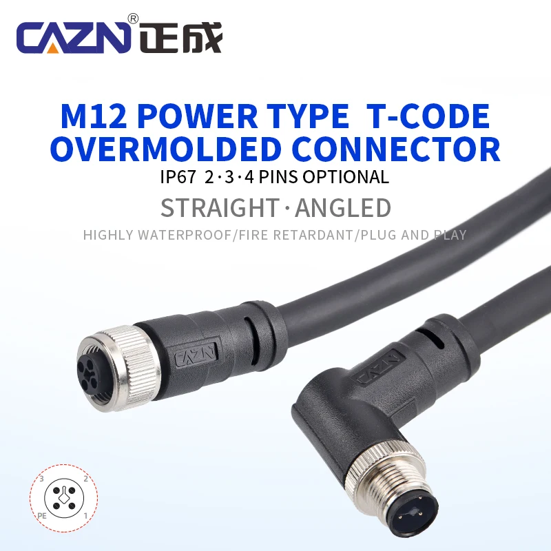 M12 Overmolded Unshielded Straight Plug 3Pin 4Pin IP67 T-code PVC Sensor Circular Curve Connector For Power Usage