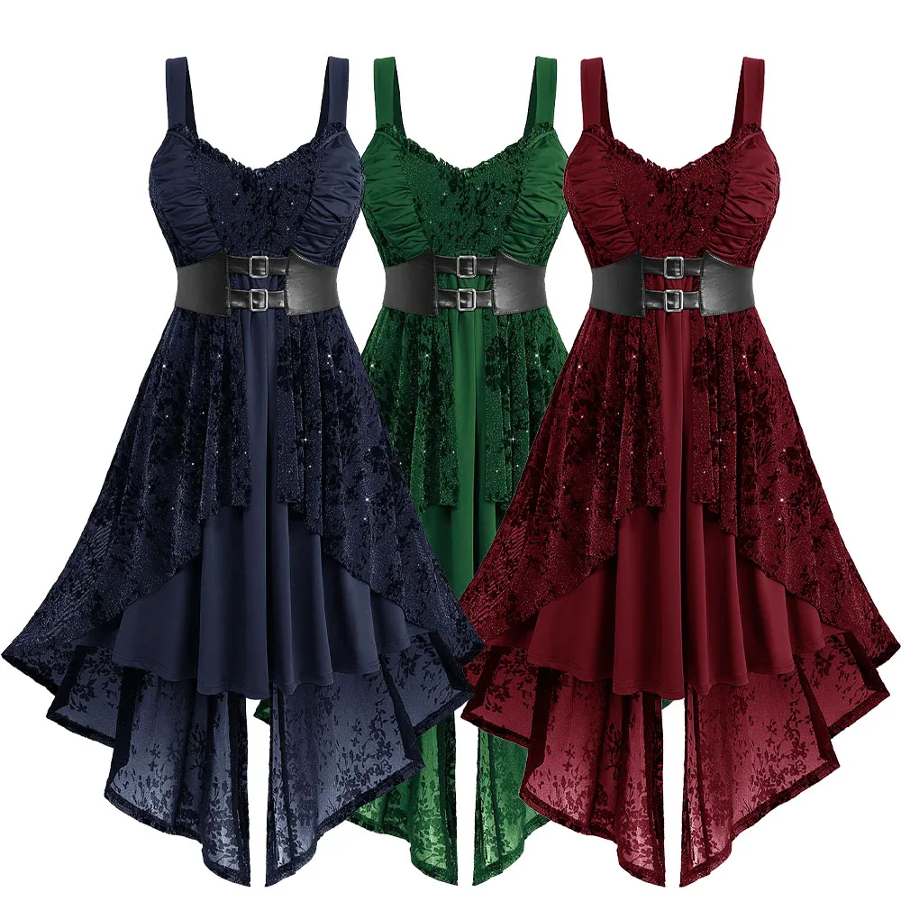 ROSEGAL Abiti da donna taglie forti Nero floreale floccato increspato pannello in PU con cintura a strati spacco alto basso abito asimmetrico abiti