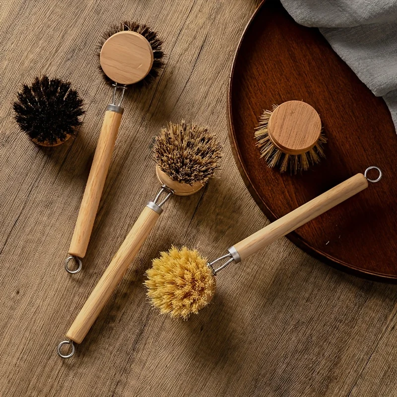 4pcs Detachable Pot Brush w/ Long Wooden Handle - Natural Sisal/Coconut Fiber Soft Bristles, Kitchen Cleaning Tool