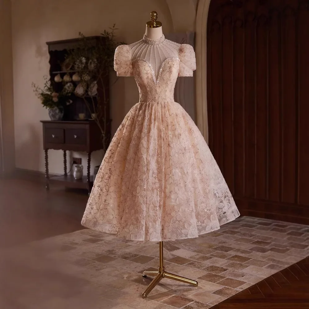 Pink Lace Evening Gown 2025 Spring New High-End Lightweight Bubble Sve Wedding Dr Toast Dr A-Line Skirt Sweet Sle