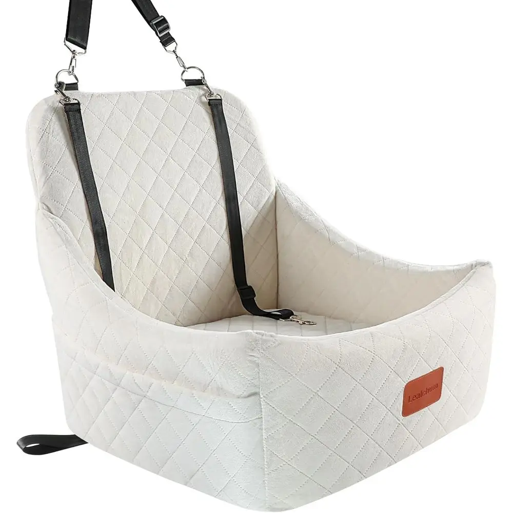 Medium Dog Car Seat with Easy Install, Adjustable Straps, Anti-Slip Base, Removable & Washable Travel Bed (Beige)
