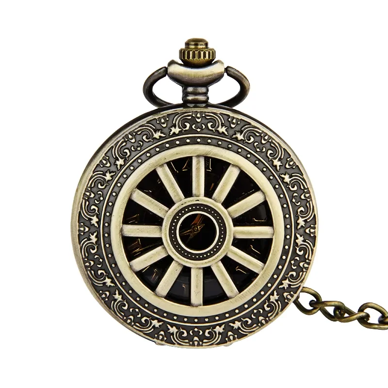 

Trendy vintage bronze wheel with black gold surface open cover pocket watch with chain