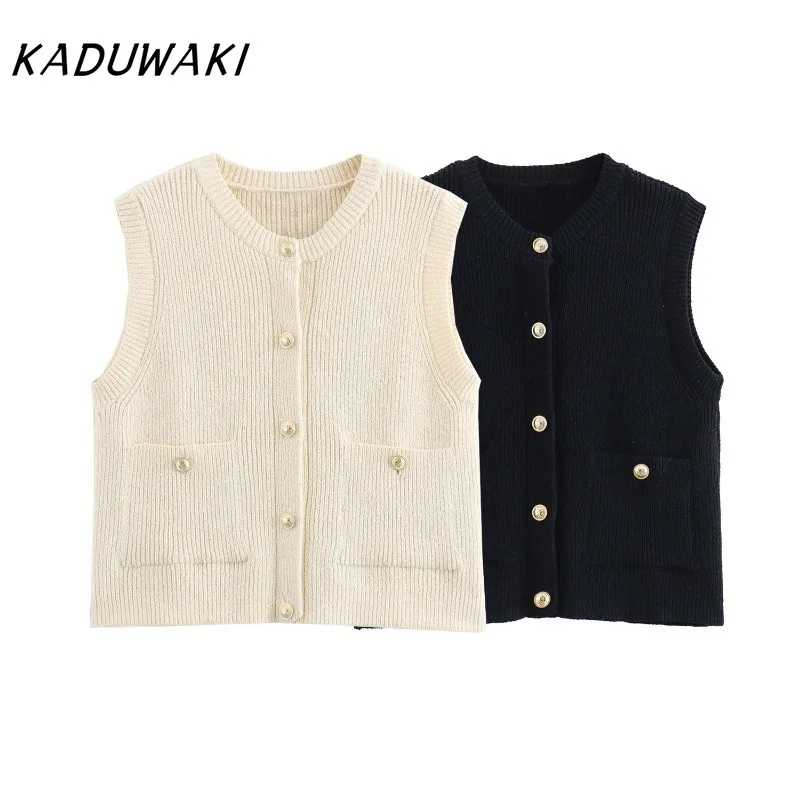 KADUWAKI French Round Neck Sleeveless Double Pockets Knitted Undershirt Chic Single-breasted Solid Sweaters Versatile Cardigan