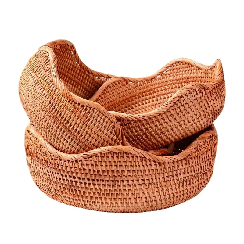 Round Rattan Fruit Basket, Wicker Woven Snack Tray, ,Bread Food Organizer, Kitchen Storage, Home Decoration