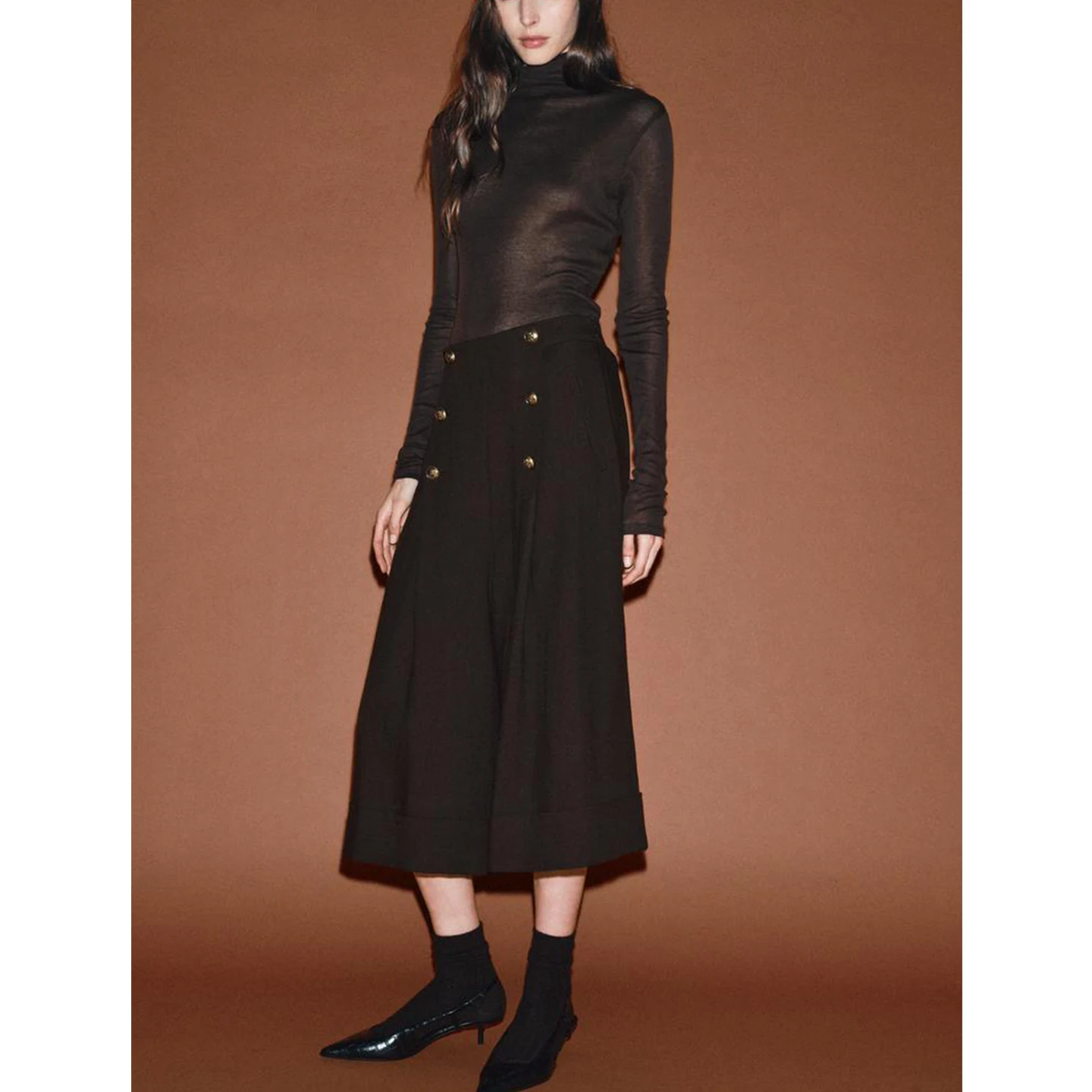 Winter Neue frauen Casual Lange orts Metall Taste Plissee Dekor mittlere Taille Breite Bein Hosen Polyester Faser l Taille