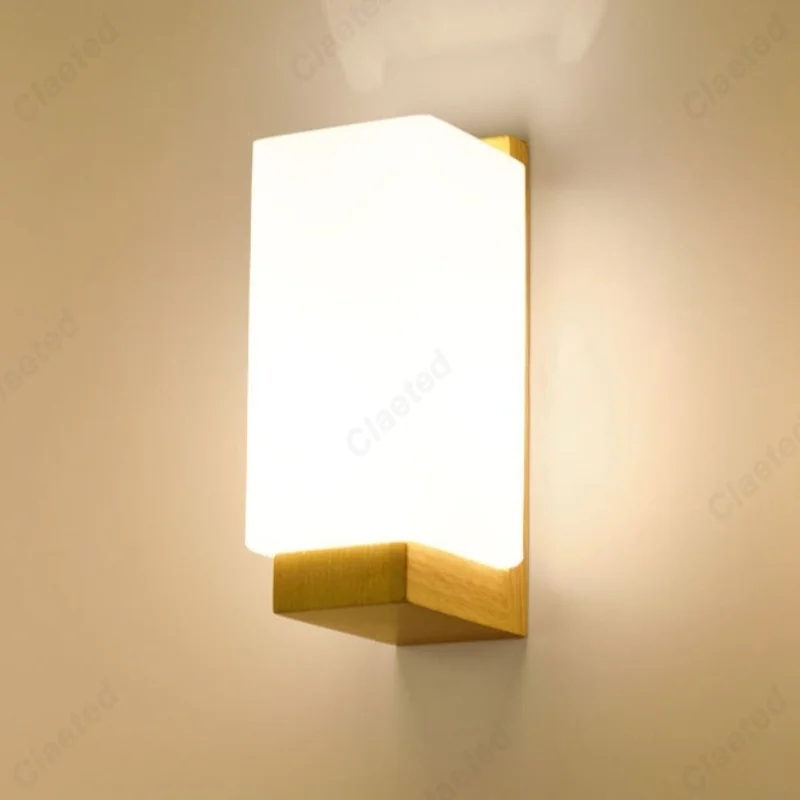 Nordic LED Solid Wood  Glass Wall Lamp E27 Screw Socket Home Decor Lighting for Living Room Bedroom Aisle Corridor