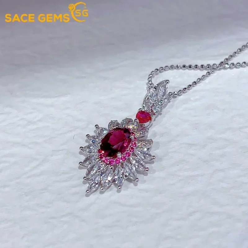 SACE GEMS S925 Sterling Silver Certified 5*7MM Natual Garnet Pendant Necklaces for Womne Engagement Cocktail Party Fine Jewelry