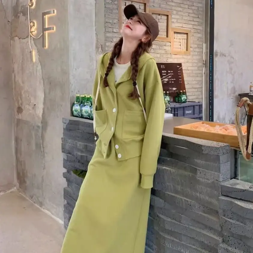 New Fashion Korean Style Design Hooded Set with High Waist and Slimming Half Skirt Two-piece Set for Women