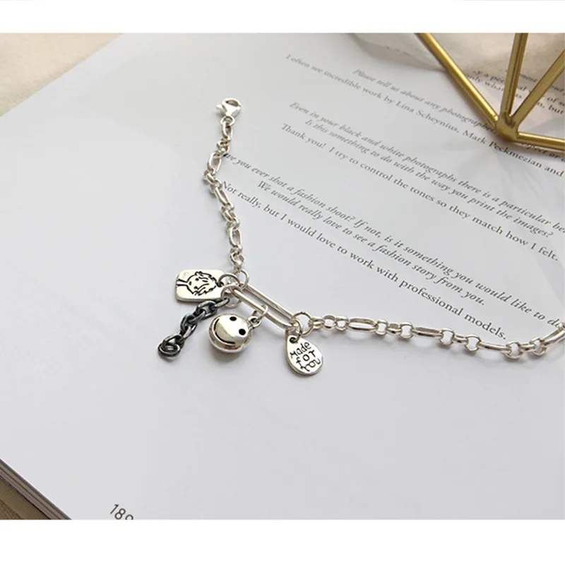 New Design 925 Sterling Silver Bracelet Exquisite Sweet Style Doll Smile Face Tag Personality Wild Female Jewelry