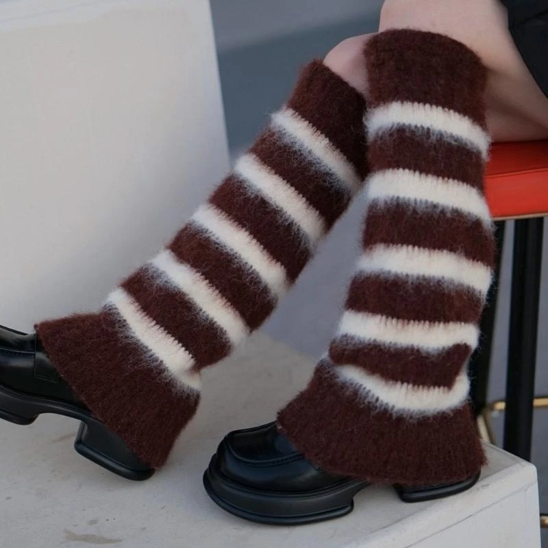 Women Furry Leg Warmer Colorblock Striped Flared Hem Cover High Tube Socks 15UB