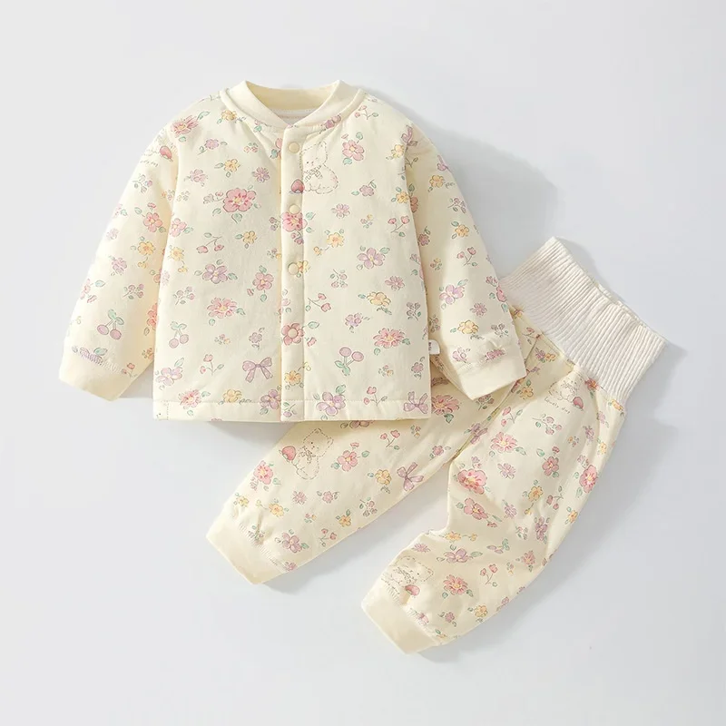 Autumn Warm Baby Pajamas Sets Floral Print Padded Sleepwear for 6M-4T Boys Girls High Waist Belly Protection Infant Pants
