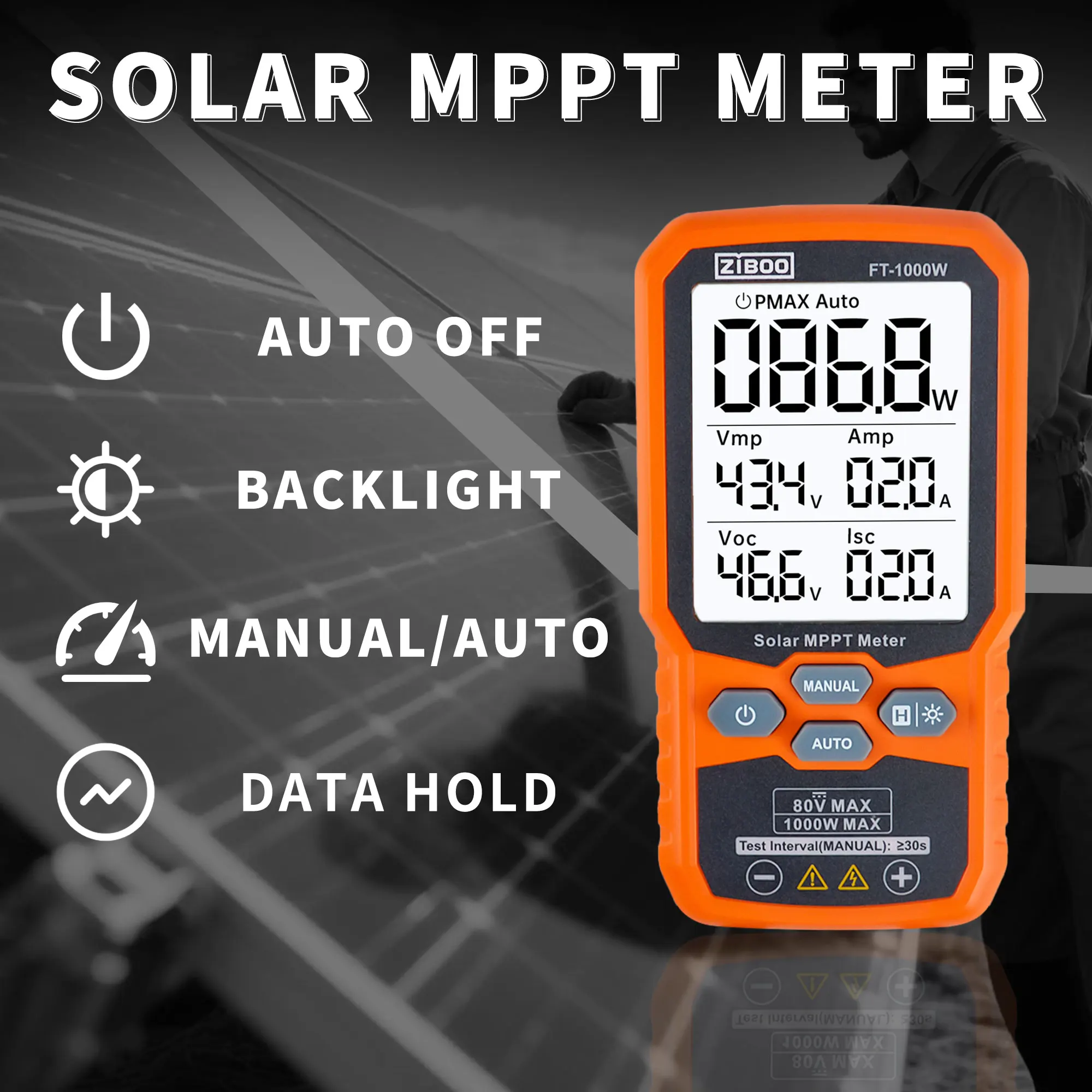 ZIBOO Solar MPPT Meter Photovoltaic Multimeter,PV Module FT-1000W MAX Power Tester,Open Circuit Voltage Short Circuit Current