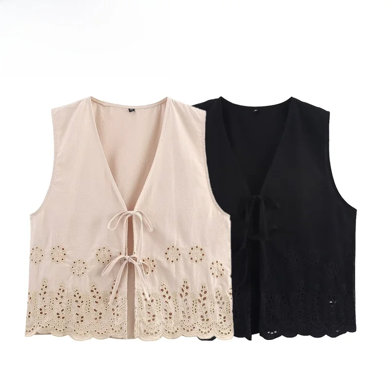 

ZBZA Spring New Women's Faion Embroidered Hollow out Linen Blend Vest 638044 Loose Fit Svel V-Ne Regular Length