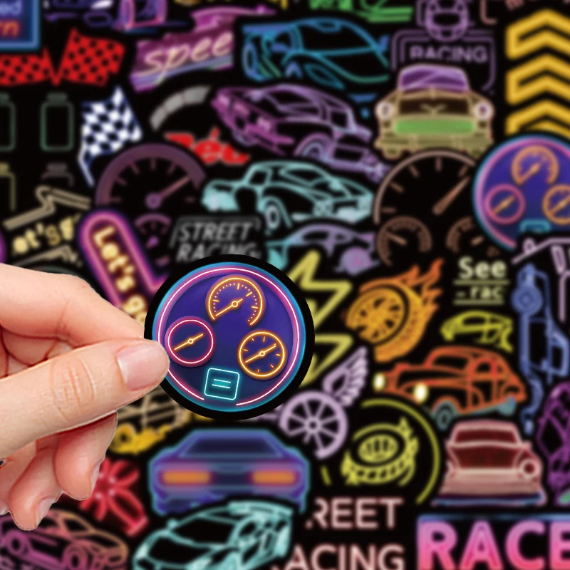 50PCS Cool Neon Neon Light Racing Car Stickers Decorative Desktop Bicycles Helmets Phone Cases Suitcases Decals Kids Toys Gift