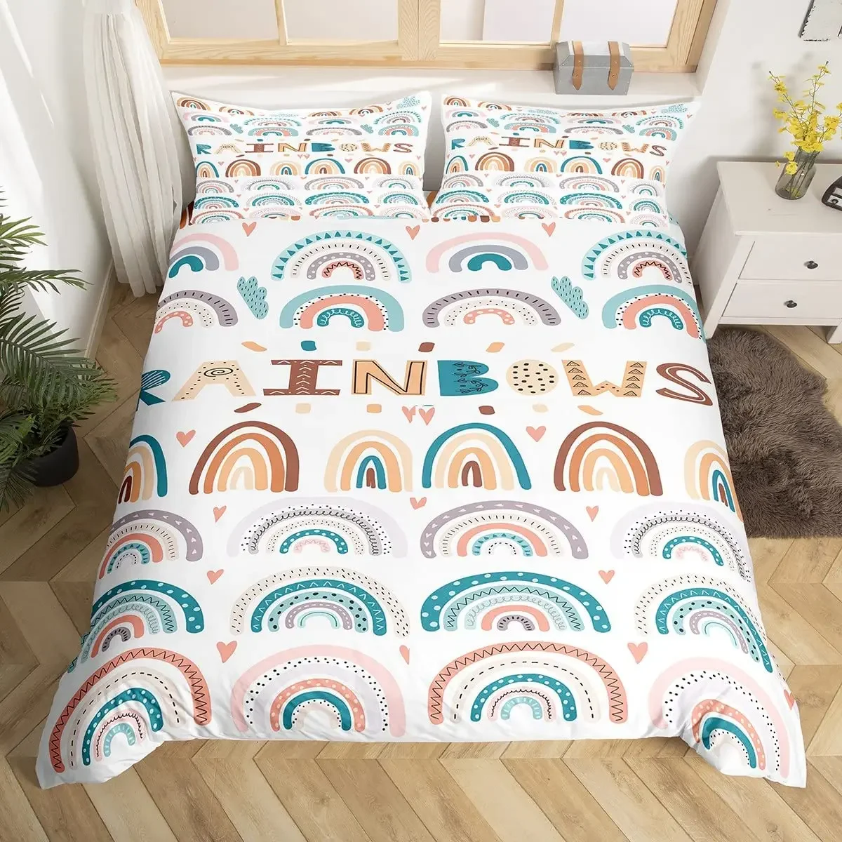

Cartoon Style Bedding Set 3D Printed Simple Rainbow Duvet Cover Set Soft Single Twin Double Queen King Size For Birthday Gifts