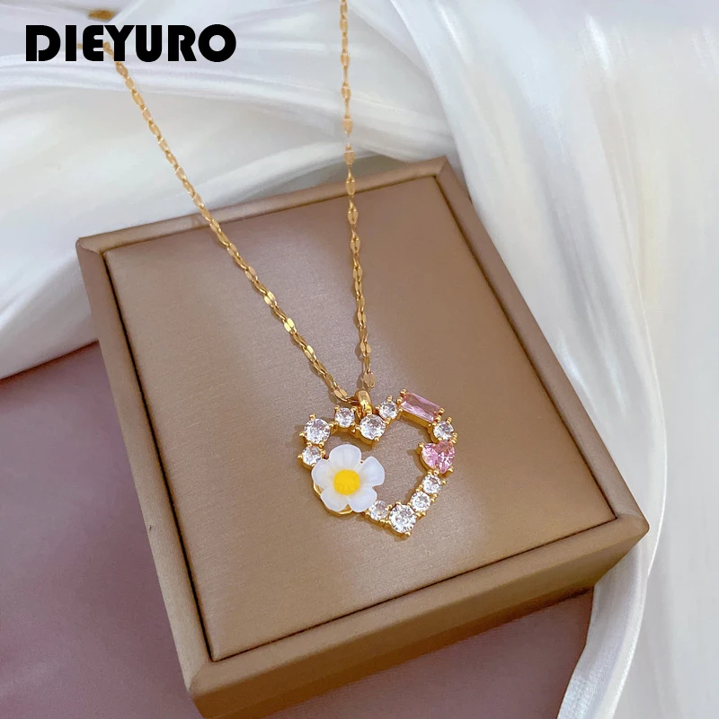 

DIEYURO 316L Stainless Steel Heart Zircon Flower Pendant Necklace For Women Trend Girls Charm Chain Party Birthday Jewelry Gifts