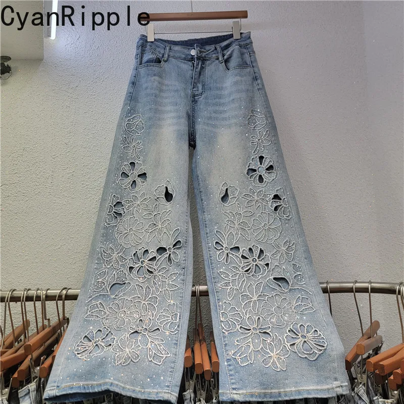 2026 New Spring  Autumn All-match High Waist Wide Leg Jeans Women Hollow Out Hot Diamonds Embroidery Floor-length Denim  Pants