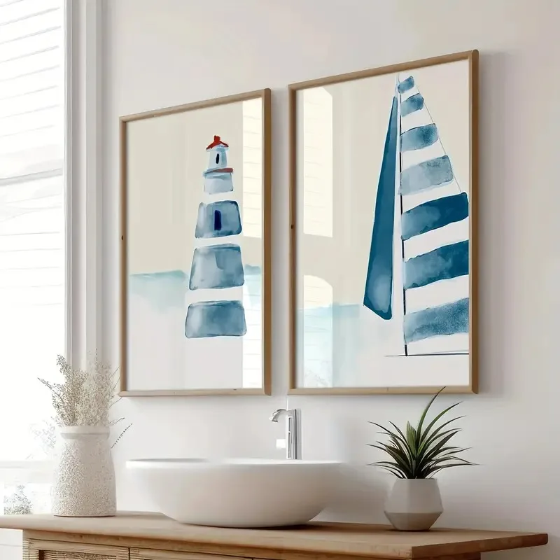 Vintage Blue Watercolour Style Canvas Poster Summer Beach Art Poster Wall Art Print for Modern Living Room Dorm Room Home Decor