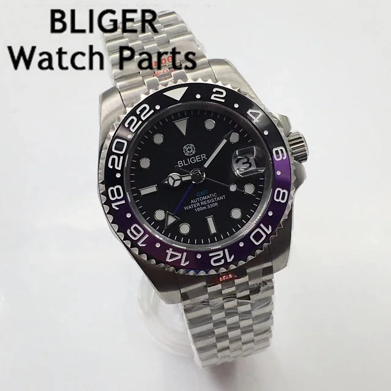 BLIGER 40mm Waterproof Silver NH34 GMT Automatic Watch For Men Oyster Strap Ceramics Bezel Sapphire Glass Luminous