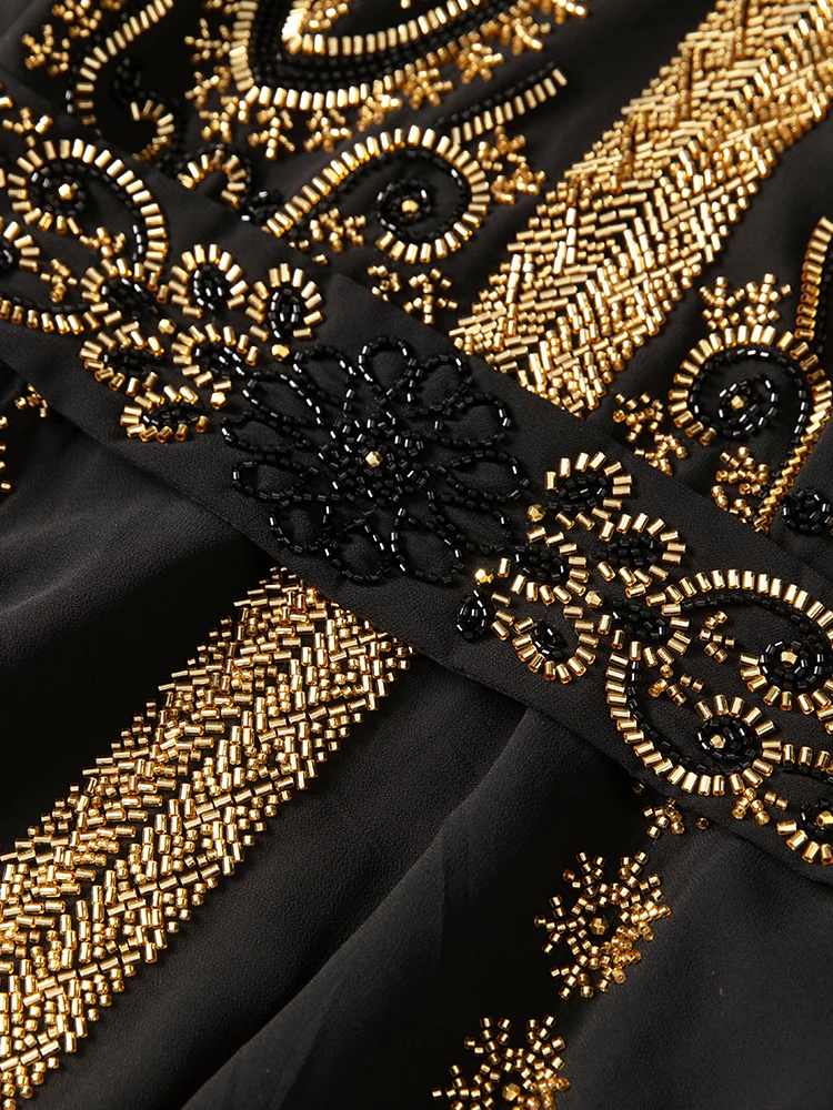 DSFACAIRIJ Vestido largo negro con cuentas para mujer, cuello levantado, manga larga, con cordones, vestido de fiesta Vintage para otoño, moda femenina