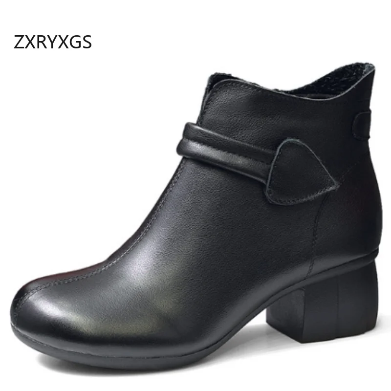 

ZXRYXGS Top Cowhide Women Elegant Fashion Boots 2025 Real Leather Winter Comfortable Warm Shoes Snow Boots Thick Mid Heel Boots